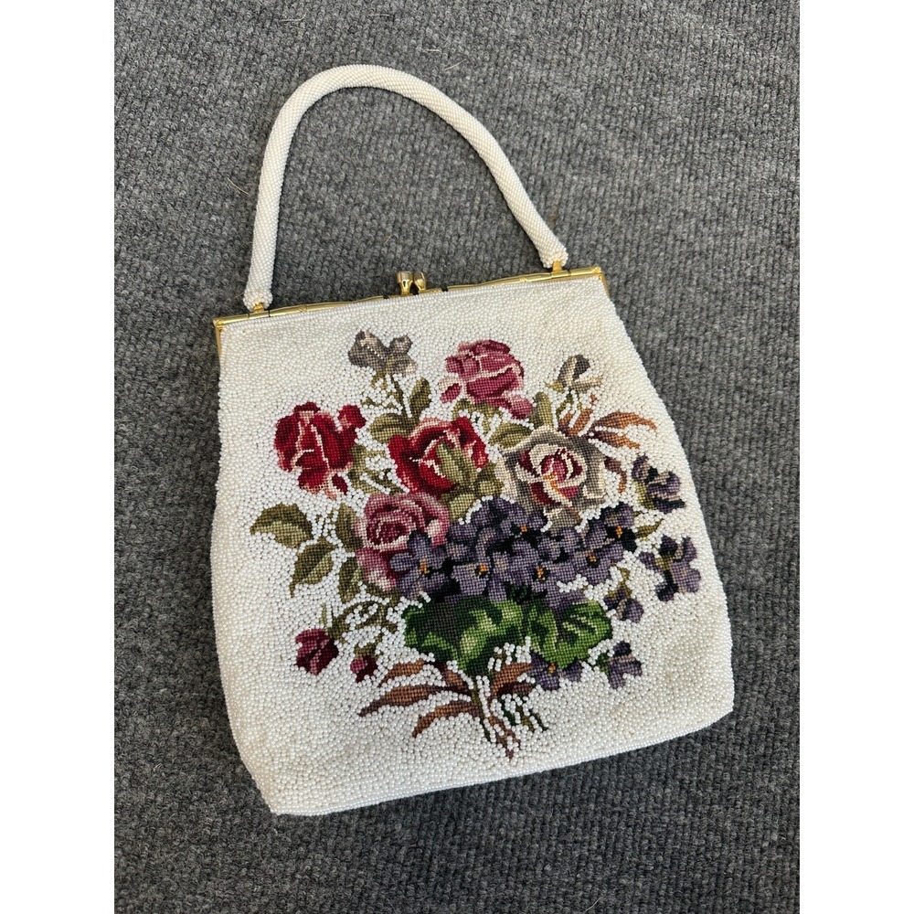Vintage 1960s Purse White Hand Beaded Bag Floral Needlepoint Tapestry Gold Trim